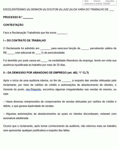 Modelo de Petição Contestação a Ação Trabalhista de Abandono de Emprego