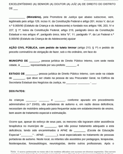 Modelo de Ação Civil Pública em pedido de tutela liminar e pedido de preceito cominatório de obrigação de fazer