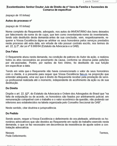 Modelo de Petição Arbitramento de honorários - Advogado destituído antes da conclusão do processo sem contrato escrito