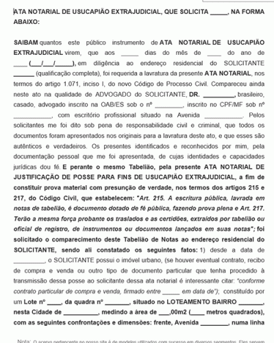 Modelo de Ata Notarial de Usucapião Extrajudicial