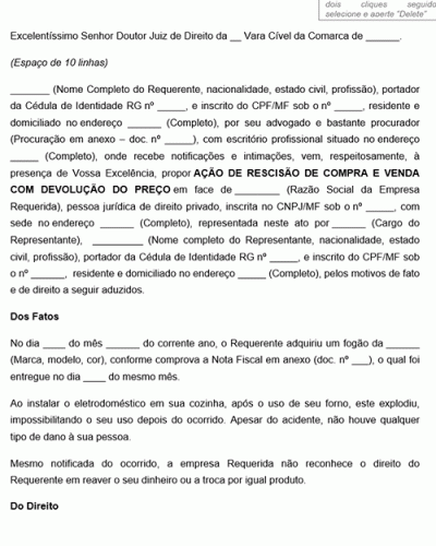 Modelo de Petição Ação de rescisão contratual de compra e venda defeito do produto - Novo CPC Lei n 13.105.2015