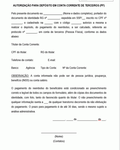 Modelo de Autorização para Depósito em Conta Corrente de Terceiros Pessoa Física PF