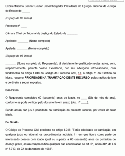 Modelo de Petição de Pedido de prioridade na tramitação de recurso - Novo CPC Lei n 13.105.2015