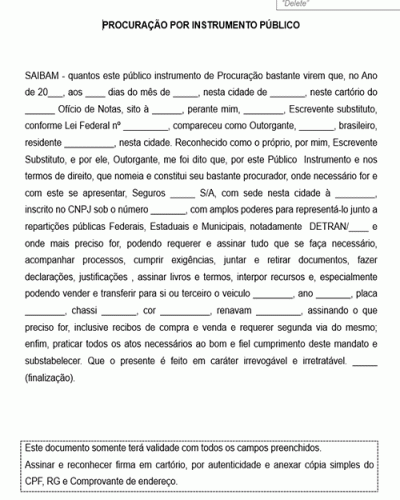 Modelo de Procuração por Instrumento Público