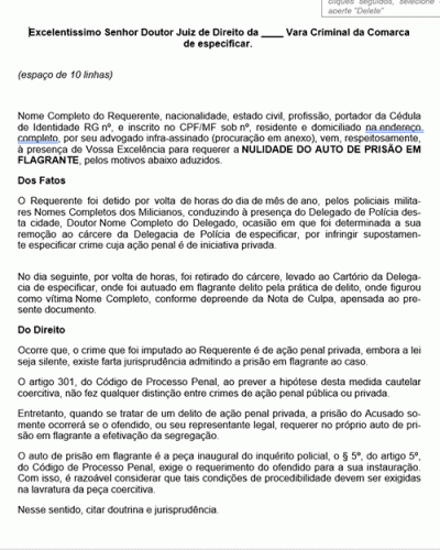 Modelo de Petição - Pedido de Nulidade do Auto de Prisão em Flagrante