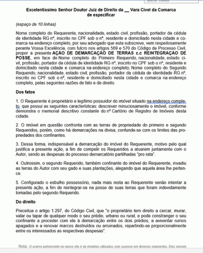 Modelo de Petição Ação de Demarcação de Terras c.c Reintegração de Posse