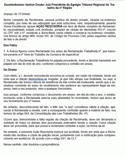 Modelo de Petição Ação Rescisória - Processo do Trabalho