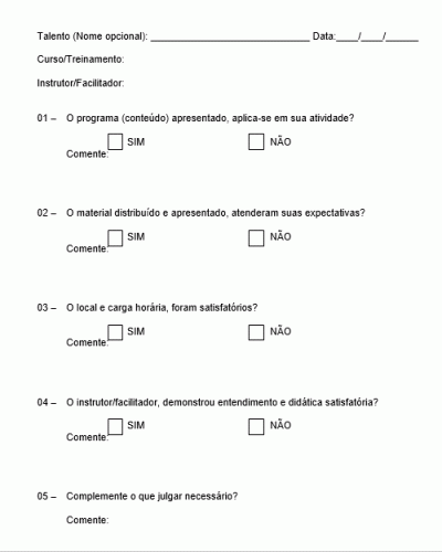 Modelo de Processo da Qualidade - Formulário Avaliação de Reação e Treinamento