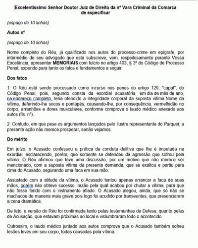 Modelo de Petição Memoriais - Solicitação de Absolvição Art. 386 - VI - CPP