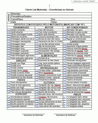 Modelo de Processo da Qualidade - Formulário Check List - Ocorrências Veículos