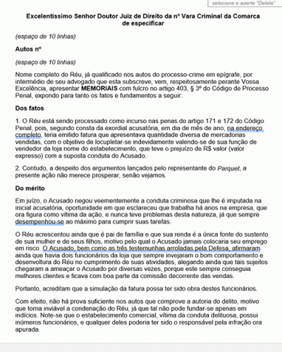 Modelo de Petição Memoriais - Solicitação de absolvição Art. 386 - V - CPP