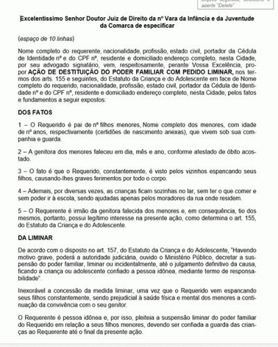 Modelo de Petição Destituição do Poder Familiar com Pedido Liminar - Novo CPC Lei nº 13.105.15