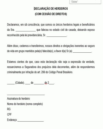 Modelo de Declaração de Herdeiros