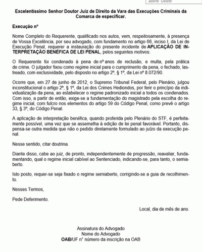 Modelo de Petição - Pedido de Aplicação de Nova Interpretação de Lei Penal Benéfica - Conforme Decisão do STF