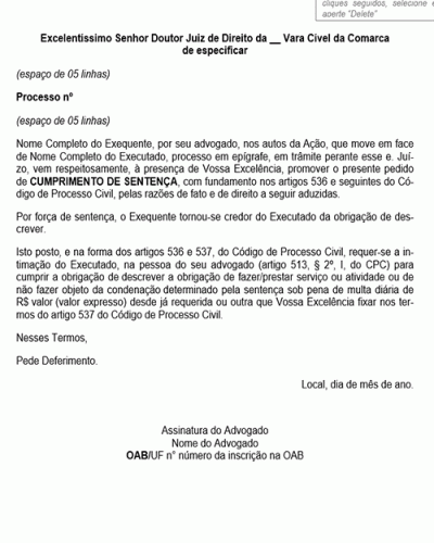 Modelo de Petição Cumprimento de Sentença que Reconheça a Exigibilidade de Obrigação de Fazer ou de não Fazer