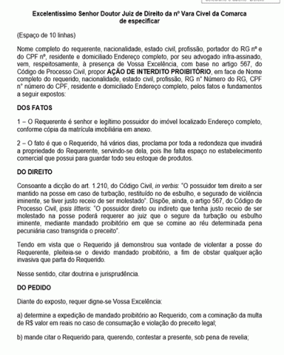 Modelo de Petição Interdito Proibitório - Novo CPC Lei nº 13.105.15