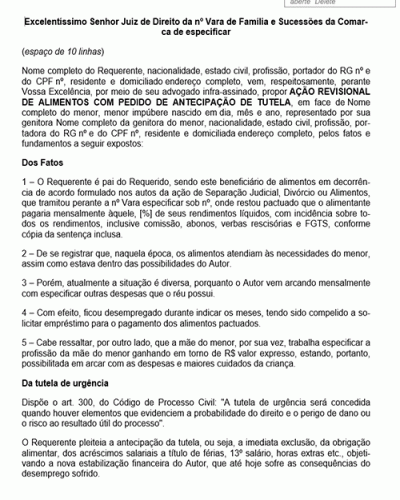 Modelo de Petição Revisional de Alimentos com Pedido de Antecipação de Tutela - Novo CPC Lei nº 13.105.15