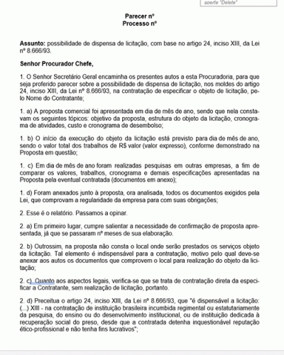 Modelo de Petição Parecer Jurídico para Dispensa de Licitação