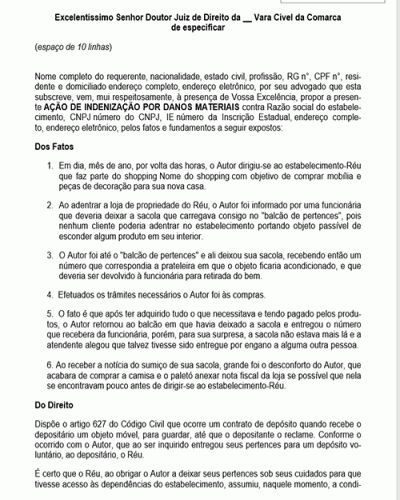 Modelo de Petição Responsabilidade Civil de Estabelecimento por Desaparecimento de Objeto Deixado aos seus Cuidados - Indenização por Danos Materiais - Novo CPC