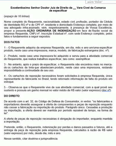 Modelo de Petição Indenização por Falta de Peças para Reposição - Novo CPC Lei nº 13.105.15