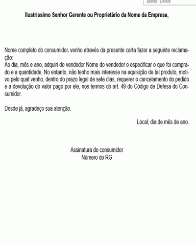 Modelo de Petição Carta de Arrependimento de Produto Adquirido Fora do Estabelecimento Comercial