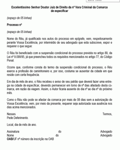 Modelo de Petição Requerimento para se Ausentar da Comarca por mais de 8 dias Durante a Suspensão Condicional do Processo