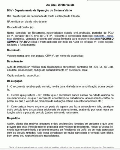 Modelo de Petição Recurso - Falta de Equipamento Obrigatório no Veículo