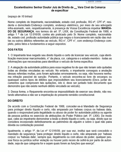 Modelo de Petição Mandado de Segurança Contra Decisão que Negou o Licenciamento de Veículo