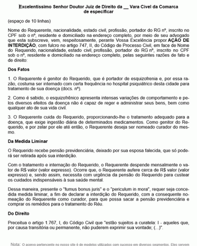 Modelo de Petição Interdição com Pedido Liminar - Incapacidade Civil - Novo CPC Lei n° 13.105.15