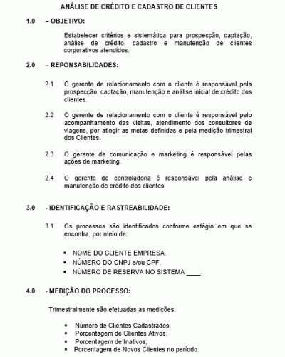 Modelo de Instrução de Trabalho - Processo da Qualidade - Analise de Crédito e Cadastro dos Clientes