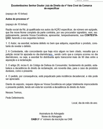 Modelo de Petição Indenização por Defeito do Produto - Contestação - Decadência - Novo CPC Lei nº 13.105.2015