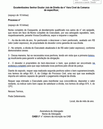 Modelo de Petição Realização de Segunda Penhora - Novo CPC Lei nº 13.105.15