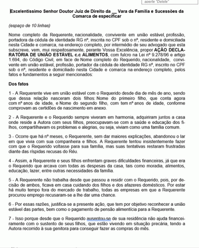 Modelo de Petição Declaratória de União Estável c.c Alimentos - Novo CPC Lei n° 13.105.15