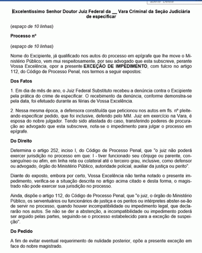 Modelo de Petição Exceção de Impedimento - Processo Penal