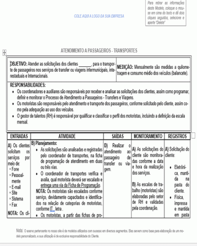 Modelo de Instrução de Trabalho - Processo da Qualidade - Atendimento a Passageiros - Motoristas