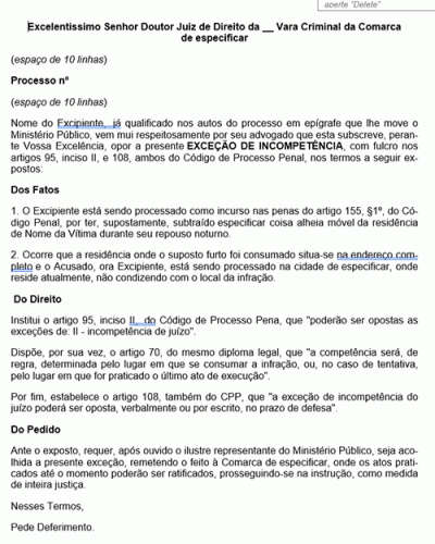 Modelo de Petição Exceção de Incompetência - Processo Penal