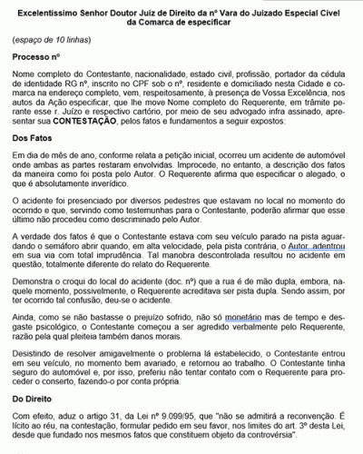 Modelo de Petição Contestação com Pedido Contraposto por Danos Materiais e Morais Decorrente de Acidente de Trânsito - Novo CPC Lei n° 13.105.15