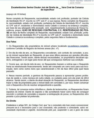 Modelo de Petição Rescisão de Contrato de Comodato c.c Reintegração de Posse - Novo CPC Lei nº 13.105.15