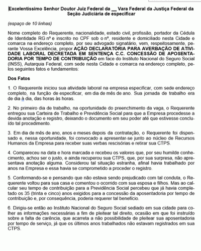 Modelo de Petição Declaratória para Averbação de Assentos do Contrato de Trabalho c.c Concessão de Aposentadoria