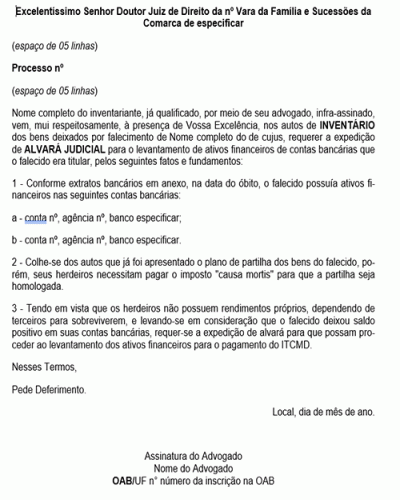 Modelo de Petição Alvará Judicial em Inventário - Levantamento de Ativos Financeiros