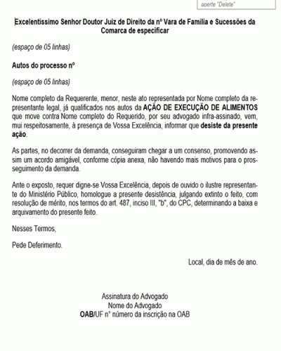 Modelo de Petição Desistência da Ação - Execução de Alimentos - Novo CPC Lei nº 13.105.2015