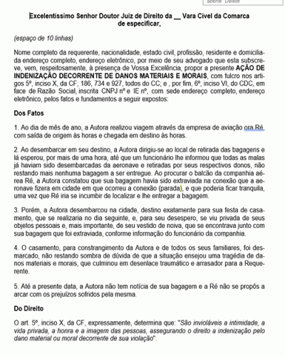 Modelo de Petição Danos Morais e Materiais - Empresas Aéreas - Extravio de Bagagem - Novo CPC Lei nº 13.105.2015