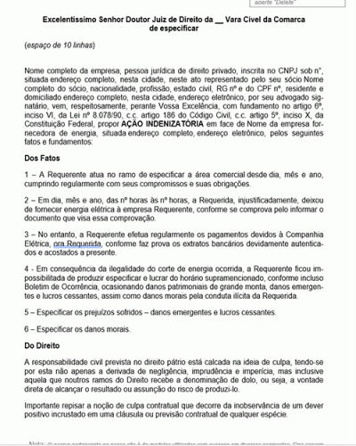 Modelo de Petição Danos Morais e Materiais - Corte Ilegal de Energia Elétrica - Novo CPC Lei nº 13.105.2015