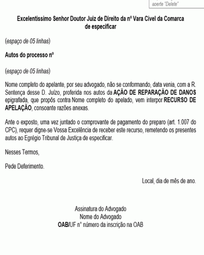 Modelo de Petição Apelação - Ação de Reparação de Danos - Novo CPC Lei nº 13.105.2015