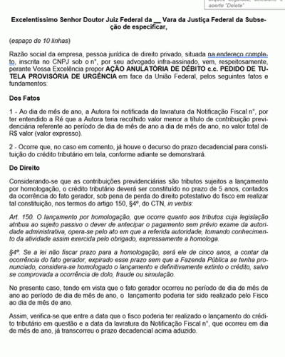 Modelo de Petição Anulatória de Débito Fiscal – Decadência - Novo CPC Lei nº 13.105.2015