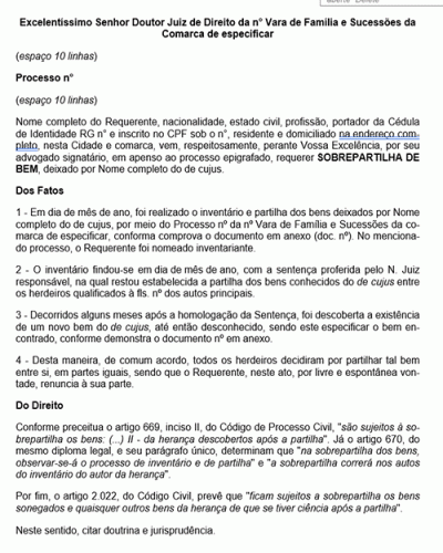 Modelo de Petição Sobrepartilha de Bem - Novo CPC Lei nº 13.105.15