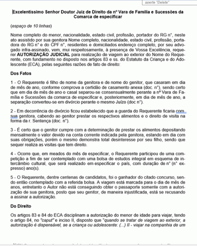 Modelo de Petição Supressão de Autorização Paterna para Viagem do Menor ao Exterior