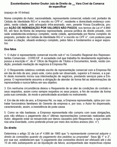 Modelo de Petição Indenizatória por Valores não Pagos em Representação Comercial - Novo CPC Lei nº 13.105.15