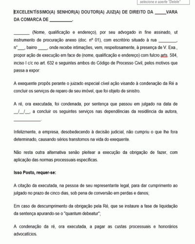 Modelo de Ação Obrigação de fazer conversão em perdas e danos Execução de título judicial