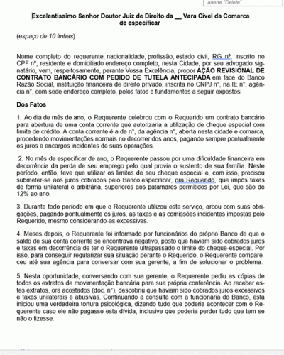 Modelo de Petição Revisional de Contrato Bancário com Pedido de Tutela Antecipada - Novo CPC Lei nº 13.105.15